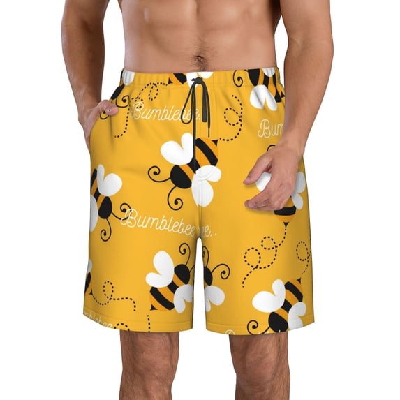 Kll Cute Bee Butterfly Yelllow Men'S Casual Summer Beach Shorts Hawaiian Shorts With Pockets-Small