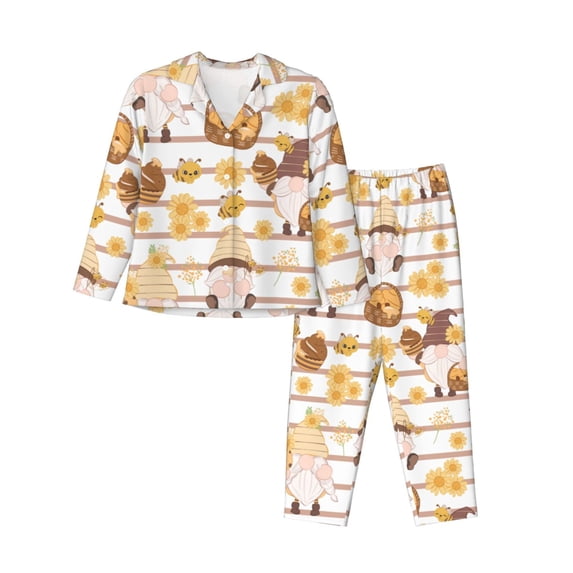 Kll Cute Bee Gnome Print Women'S Long Sleeve Pajamas With Pants Sleepwear Loungewear 2 Set-Small