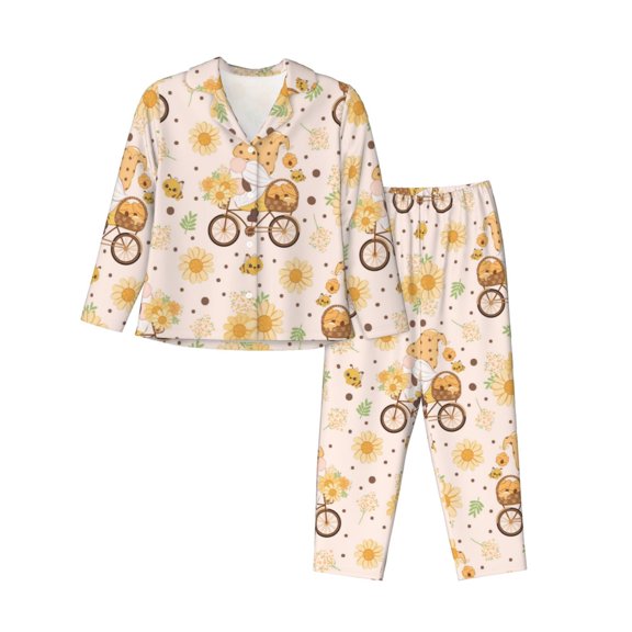 Kll Cute Bee Gnome Print Women'S Long Sleeve Pajamas With Pants Sleepwear Loungewear 2 Set-Small