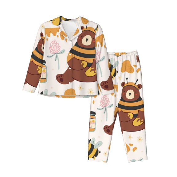 Kll Cute Bee Honey Jar Hive Bear Print Women'S Long Sleeve Pajamas With Pants Sleepwear Loungewear 2 Set-Small