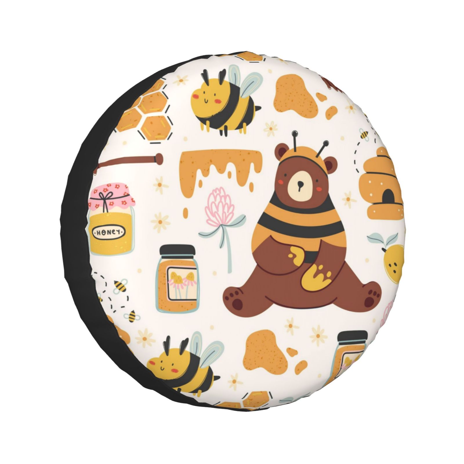 Kll Cute Bee Honey Jar Hive Bear Tire Cover,Universal Wheel Tire Cover For Trailer, Rv, Suv