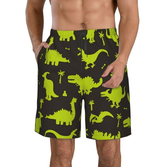 Kll Cute Cartoon Dinosaurs Green Silhouette Pattern Men'S Casual Summer Beach Shorts Hawaiian Shorts With Pockets-Medium