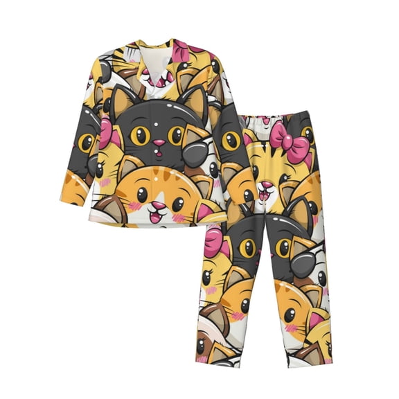 Kll Cute Cat Cartoon Sleepwear Mens Flannel Pajamas,Long Cotton Pj Set
