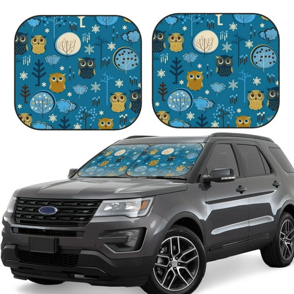 Kll Cute Colorful Owls And Trees Windshield Sun Shade 2-Piece Foldable Car Front Window Sunshade For Most Sedans Suv Truck- Large