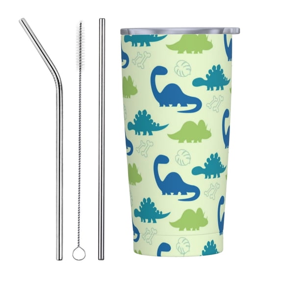 Kll Cute Dinosaur Blue Green Stainless Stainless Steel Vacuum Insulated Coffee Cup 20 Oz Lids And Straws,1 Metal Straws,1 Cleaning Brush