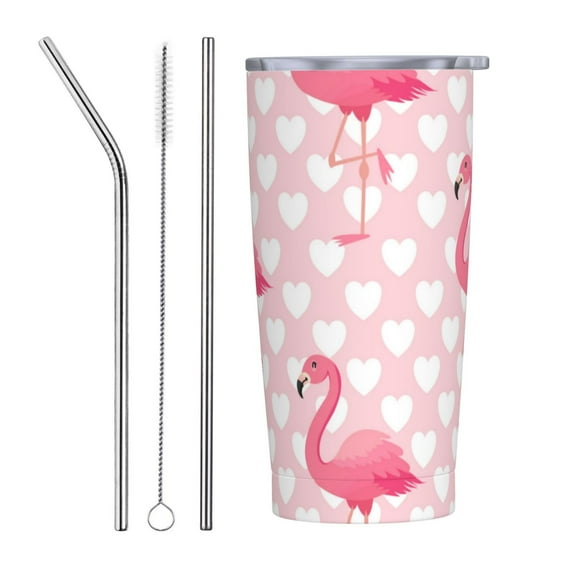 Kll Cute Flamingo With Heart Stainless Steel Vacuum Insulated Coffee Cup 20 Oz Insulated Travel Mug Water Cup With Leak-Proof Straw Lid & Flip Lid,1 Metal Straws,1 Cleaning Brush