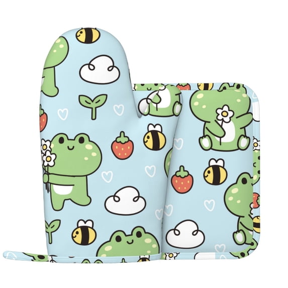 Kll Cute Floral Frog Oven Gloves And Pot Holders Grill Gloves - Oven Gloves And Pot Holders, Non-Slip Cooking Gloves With Recycled Pads