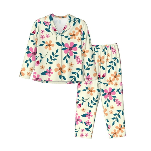 Kll Cute Flower Print Women'S Long Sleeve Pajamas With Pants Sleepwear Loungewear 2 Set-X-Large