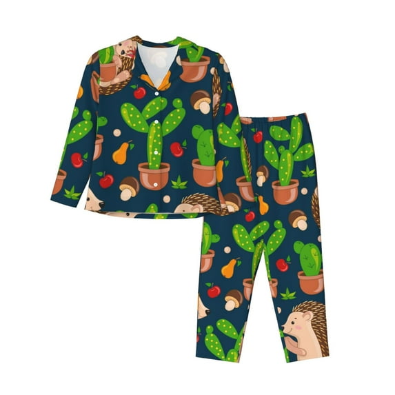Kll Cute Hedgehogs Cactus Blue Print Women'S Long Sleeve Pajamas With Pants Sleepwear Loungewear 2 Set-X-Large