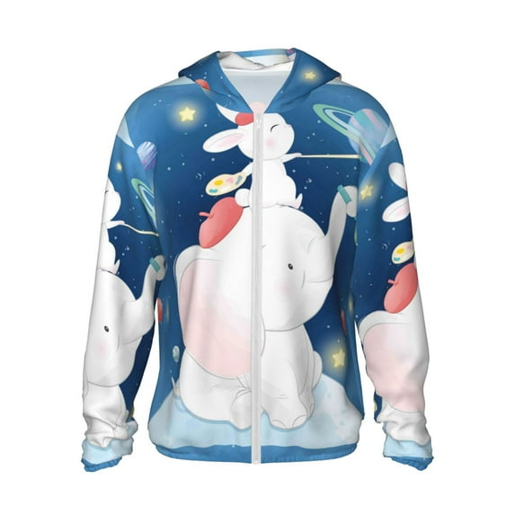Kll Cute Little Bunny Elephant Painting A Planet Print Men'S Women’s Upf 50+ Sun Protection Outdoor Hoodie Jacket Long Sleeve Fishing Hiking Performance Shirt- Small