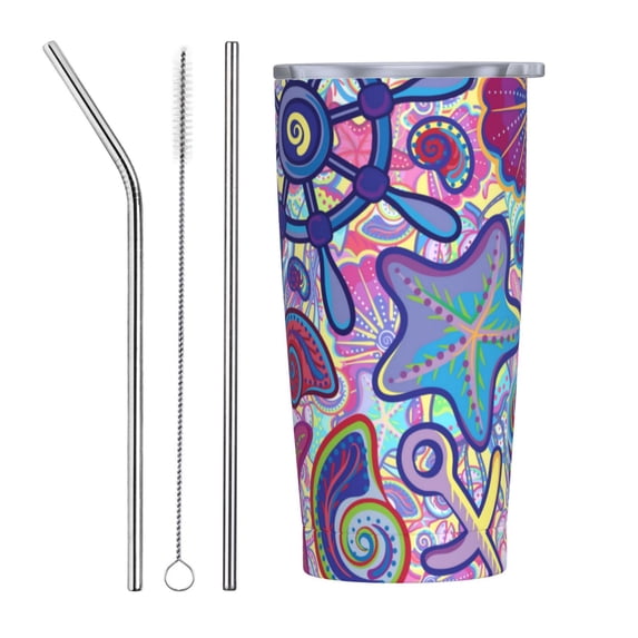 Kll Cute Nautical Stainless Steel Vacuum Insulated Coffee Cup 20 Oz Insulated Travel Mug Water Cup With Leak-Proof Straw Lid & Flip Lid,1 Metal Straws,1 Cleaning Brush