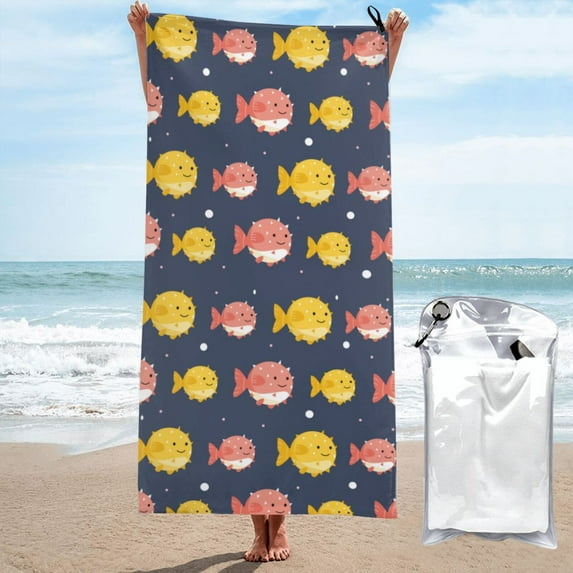Kll Cute Puffer Fish Microfiber Beach Towel Fast Drying,Extra Large 27.5"X55" Sand Free Beach Towel Super Lightweight Towels For Swimming Pool,Camping,Picnic,Yoga Gym Sports