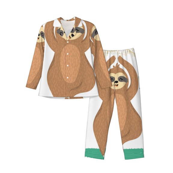 Kll Cute Sloth In Yoga Pose Tree Sleepwear Mens Flannel Pajamas,Long Cotton Pj Set