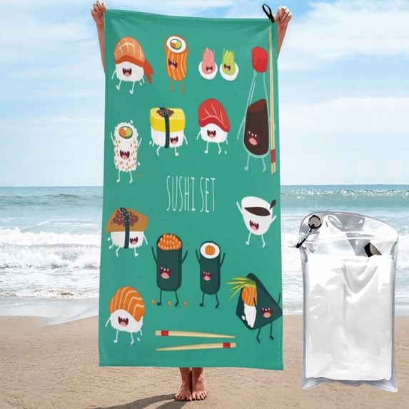 Kll Cute Sushi Microfiber Beach Towel Fast Drying,Extra Large 31.5"X63" Sand Free Beach Towel Super Lightweight Towels