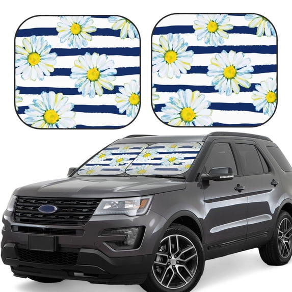 Kll Daisy Striped Nautical Windshield Sun Shade 2-Piece Foldable Car Front Window Sunshade For Most Sedans Suv Truck- Large