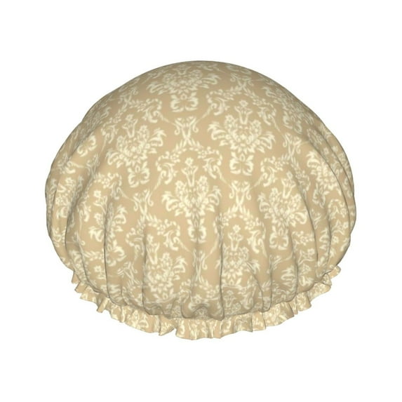 Kll Damask Beige Tan Brown Pattern Shower Cap & Bath Cap For Women,Reversible Oversized Waterproof Shower Caps For All Hair Lengths,Elastic Reusable Bathing Hair Cap