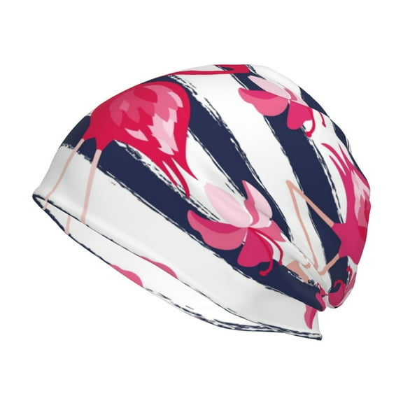 Kll Dark Blue Stripes And Pink Flamingos Winter Fall Beanie Knit Hats For Men & Women - Warm & Soft Stylish Toboggan Caps For Cold Weather
