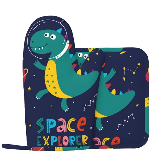 Kll Dinosau Space Explorer Oven Gloves And Pot Holders Grill Gloves - Oven Gloves And Pot Holders, Non-Slip Cooking Gloves With Recycled Pads