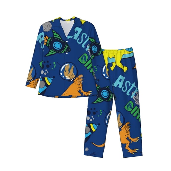 Kll Dinosaur In Space Sleepwear Mens Flannel Pajamas,Long Cotton Pj Set