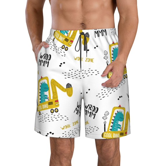 Kll Dinosaur On Excavator Men'S Casual Summer Beach Shorts Hawaiian Shorts With Pockets-Small