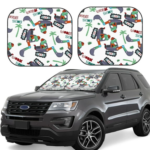 Kll Dinosaur On Excavator2 Windshield Sun Shade 2-Piece Foldable Car Front Window Sunshade For Most Sedans Suv Truck - Auto Sun Blocker Visor Protector Blocks Max Uv Rays - Large