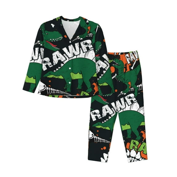 Kll Dinosaur Skeleton Print Women'S Long Sleeve Pajamas With Pants Sleepwear Loungewear 2 Set-X-Large