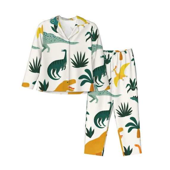 Kll Dinosaurs And Tropical Leaves Print Women'S Long Sleeve Pajamas With Pants Sleepwear Loungewear 2 Set-X-Large