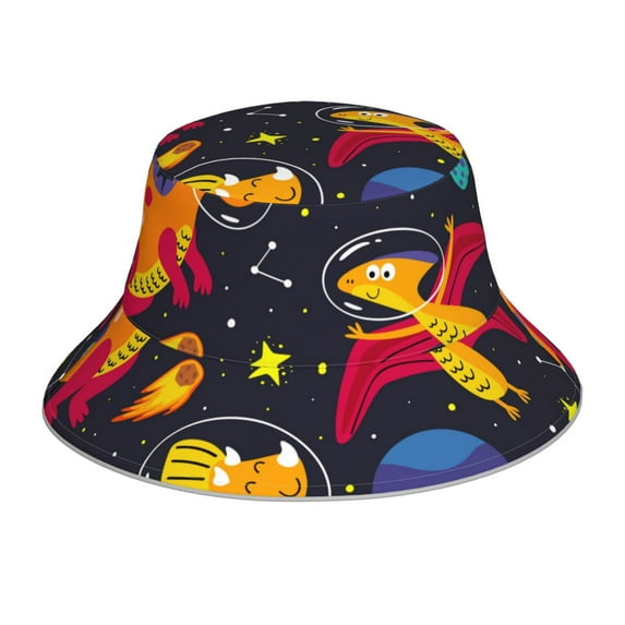 Kll Dinosaurs In Space Bucket Hat For Women Men Packable Travel Beach Sun Hat Outdoor Rave Accessories Reflective Fisherman Cap