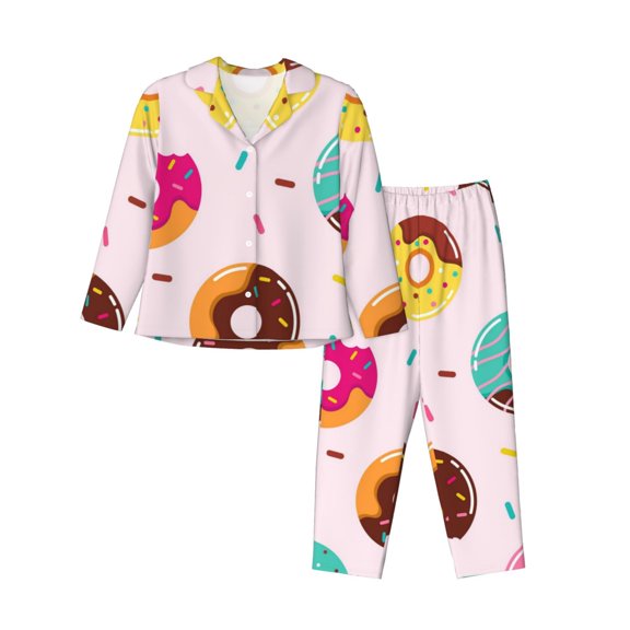 Kll Donut Print Women'S Long Sleeve Pajamas With Pants Sleepwear Loungewear 2 Set-Small