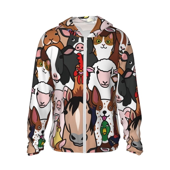 Kll Doodle Farm Animals Faces Print Men'S Women’s Upf 50+ Sun Protection Outdoor Hoodie Jacket Long Sleeve Fishing Hiking Performance Shirt- Xx-Large