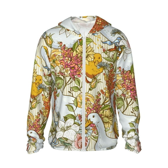 Kll Ducks And Flowers Print Men'S Women’s Upf 50  Sun Protection Outdoor Hoodie Jacket Long Sleeve Fishing Hiking Performance Shirt- Medium