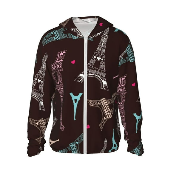 Kll Eiffel Tower Print Men'S Women’s Upf 50+ Sun Protection Outdoor Hoodie Jacket Long Sleeve Fishing Hiking Performance Shirt- Large