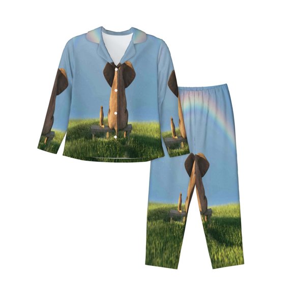 Kll Elephant Dog Sitting Under The Rainbow Print Women'S Long Sleeve Pajamas With Pants Sleepwear Loungewear 2 Set-Medium