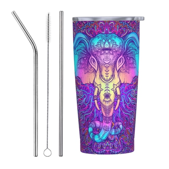 Kll Elephant In Tribal Style Stainless Stainless Steel Vacuum Insulated Coffee Cup 20 Oz Lids And Straws,1 Metal Straws,1 Cleaning Brush