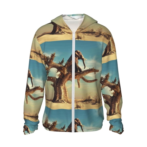 Kll Elephant On Dry Tree Print Men'S Women’s Upf 50+ Sun Protection Outdoor Hoodie Jacket Long Sleeve Fishing Hiking Performance Shirt- 3x-Large