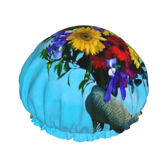 Kll Elephant Trunk Couple Flowers Pattern Shower Cap & Bath Cap For Women,Reversible Oversized Waterproof Shower Caps For All Hair Lengths,Elastic Reusable Bathing Hair Cap