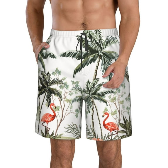 Kll Flamingo Palm Trees Men'S Casual Summer Beach Shorts Hawaiian Shorts With Pockets-X-Large