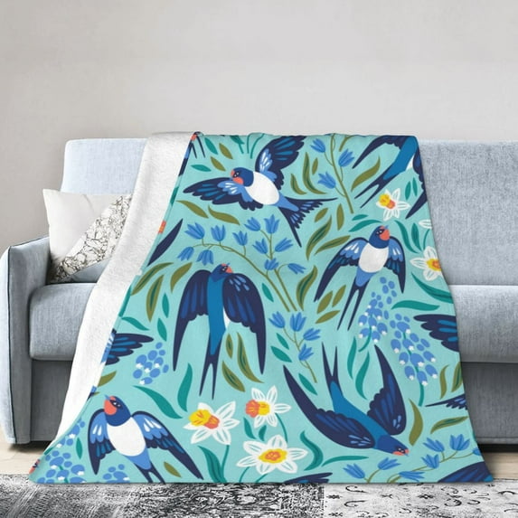 Kll Fleece Blanket Plush Throw Blanket Flying Swallows And Spring Flowers,Soft Fuzzy Cozy Flannel Blanket For Couch Sofa Bed.(80"X60")
