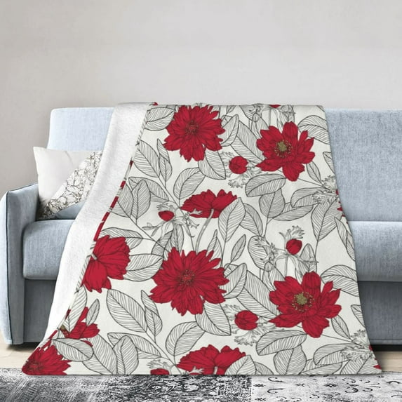 Kll Fleece Blanket Plush Throw Blanket Leaves And Anemone Flowers In Red Grey,Soft Fuzzy Cozy Flannel Blanket For Couch Sofa Bed.(40"X30")