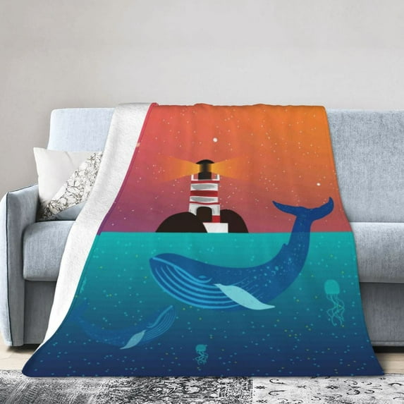 Kll Fleece Blanket Plush Throw Blanket Lighthouse And Whale,Soft Fuzzy Cozy Flannel Blanket For Couch Sofa Bed.(60"X50")