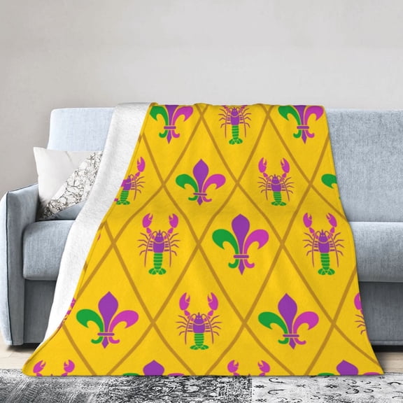 Kll Fleece Blanket Plush Throw Blanket Mardi Gras Crayfish And Fleur De Lis,Soft Fuzzy Cozy Flannel Blanket For Couch Sofa Bed.(40"X30")