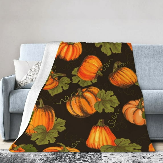 Kll Fleece Blanket Plush Throw Blanket Orange Pumpkin Autumn Maple Falling Leaves,Soft Fuzzy Cozy Flannel Blanket For Couch Sofa Bed.(60"X50")