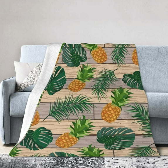 Kll Fleece Blanket Plush Throw Blanket Pineapples Palm Leaves Wooden Background,Soft Fuzzy Cozy Flannel Blanket For Couch Sofa Bed.(80"X60")