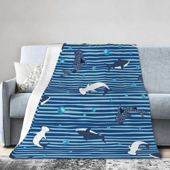 Kll Fleece Blanket Plush Throw Blanket Sharks On White Blue Striped,Soft Fuzzy Cozy Flannel Blanket For Couch Sofa Bed.(50"X40")