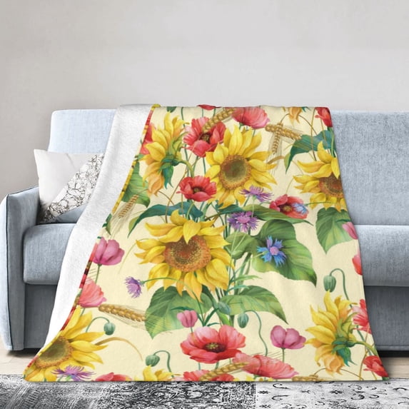 Kll Fleece Blanket Plush Throw Blanket Sunflower Cornflower Poppy,Soft Fuzzy Cozy Flannel Blanket For Couch Sofa Bed.(50"X40")