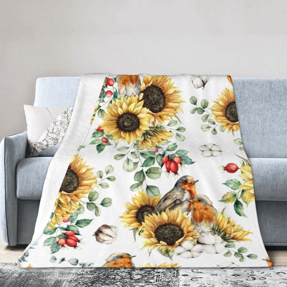 Kll Fleece Blanket Plush Throw Blanket Sunflowers Leaves And Birds,Soft Fuzzy Cozy Flannel Blanket For Couch Sofa Bed.(40"X30")