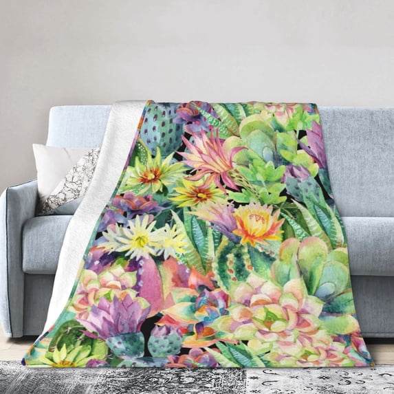 Kll Fleece Blanket Plush Throw Blanket Watercolor Blooming Cactus,Soft Fuzzy Cozy Flannel Blanket For Couch Sofa Bed.(80"X60")