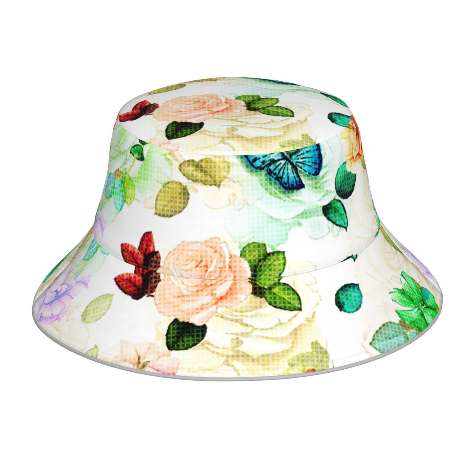 Cotton Polyester Bucket Hat Foldable Wide Brim Floral Vintage Aqua / White Reversible Watercolor Floral Bucket Hat, Sizes  main image 2
