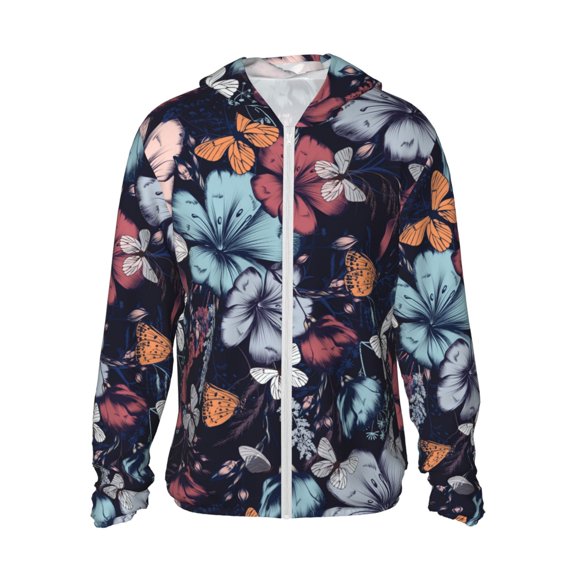 Kll Flowers Ad Butterflies Print Men'S Women’s Upf 50 Sun Protection Outdoor Hoodie Jacket Long Sleeve Fishing Hiking Performance Shirt- X-Large