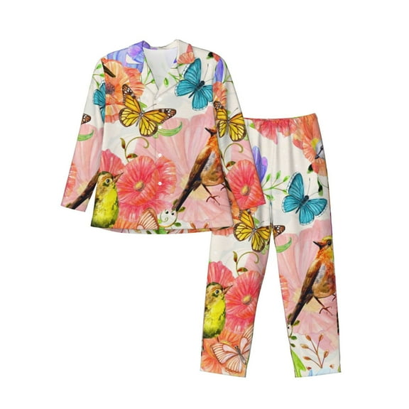 Kll Flowers And Birds Watercolor Sleepwear Mens Flannel Pajamas,Long Cotton Pj Set